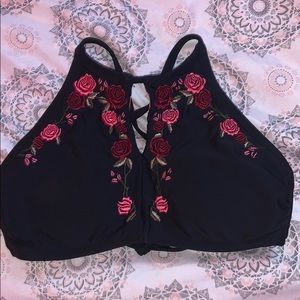Black bathing suit top with pink and red roses